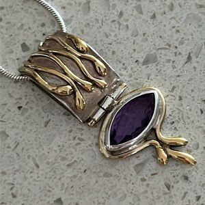 Vintage 925 Silver w/Gold & Amethyst Necklace